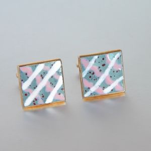 Vtg Dappled Cufflink Pink & Grey Artsy Enamel Gold